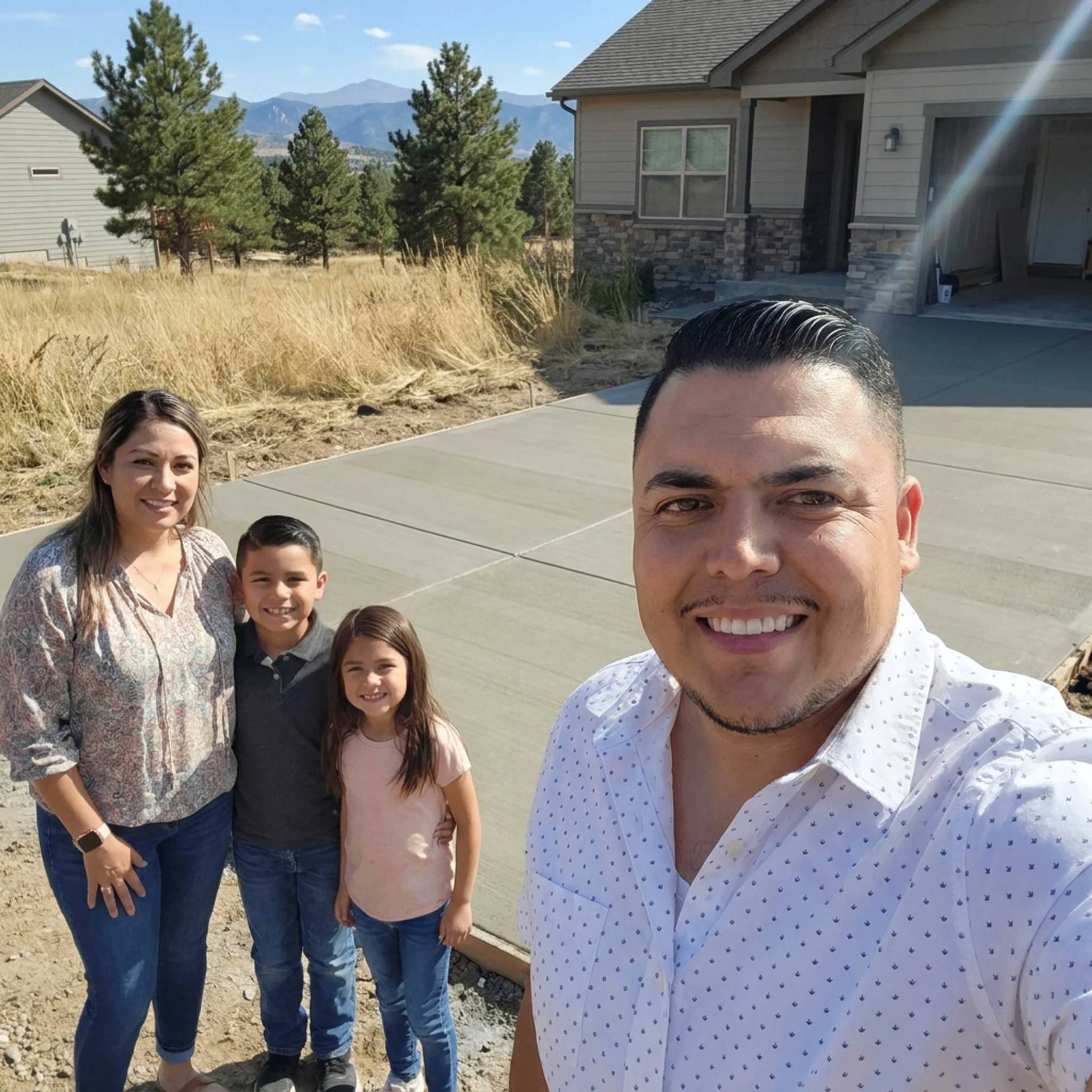 Rafael, 4 Way Concrete project manager, with a family in front of a newly poured driveway